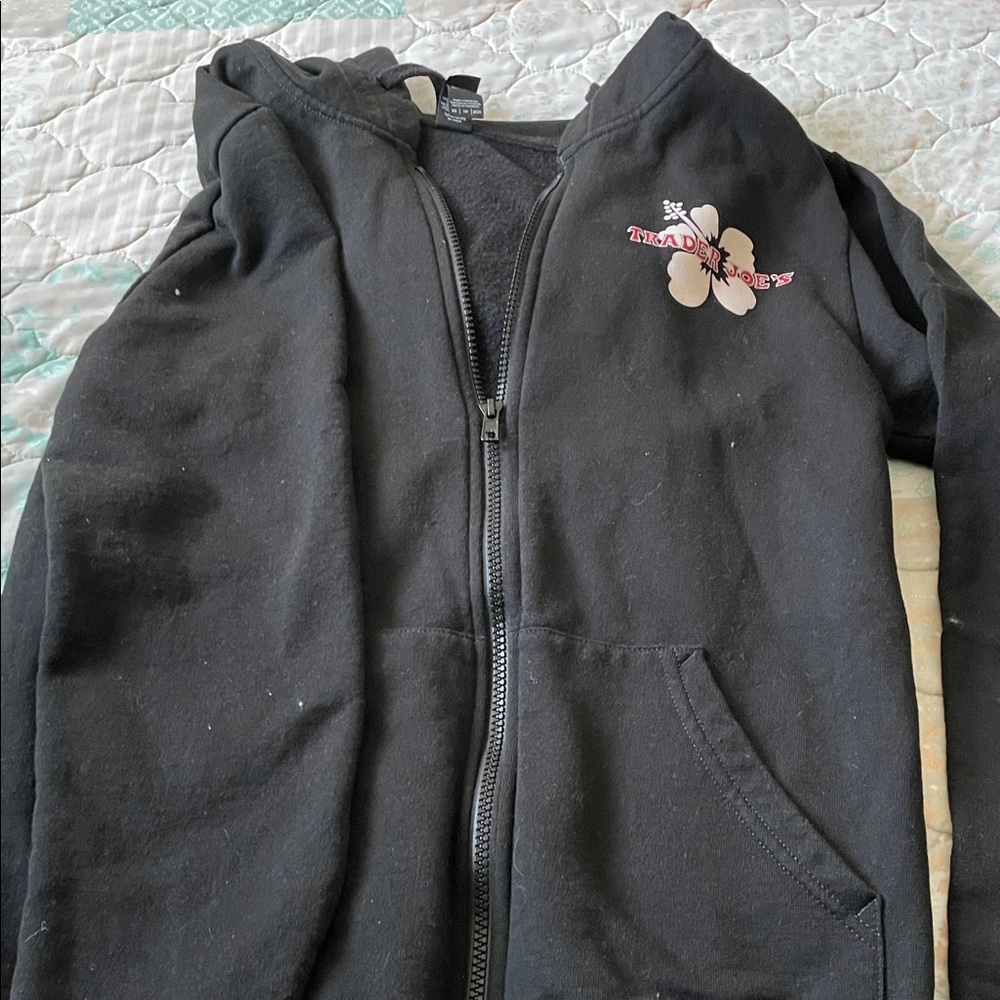 Trader Joe’s Women's Black Zip-Up Hoodie with Floral Detail